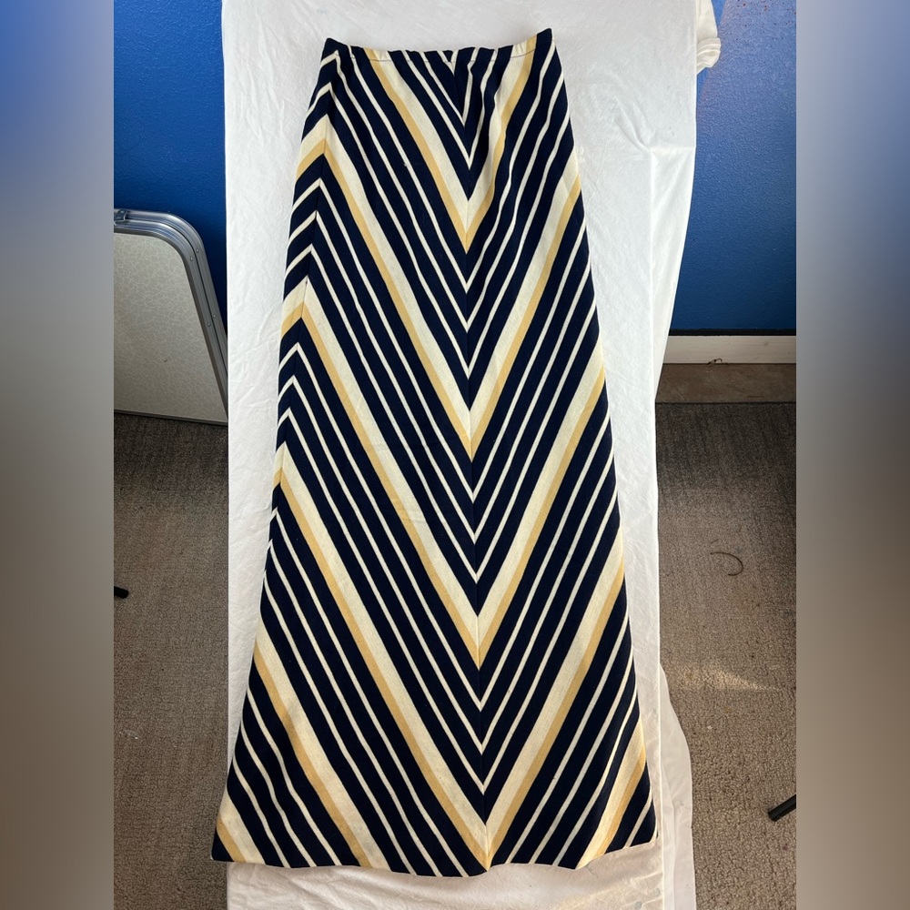 1960s Vintage Wool Chevron Striped Maxi Skirt Navy Ivory Beige Boho Folk